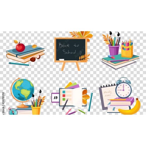 Fototapety Płaski wektor zestaw kompozycji z obiektami związanymi z tematem edukacji. Powrót do szkoły