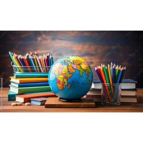 Fototapety A school table with pencils, colored pencils, a world ball, school books and in the background an out-of-focus blackb