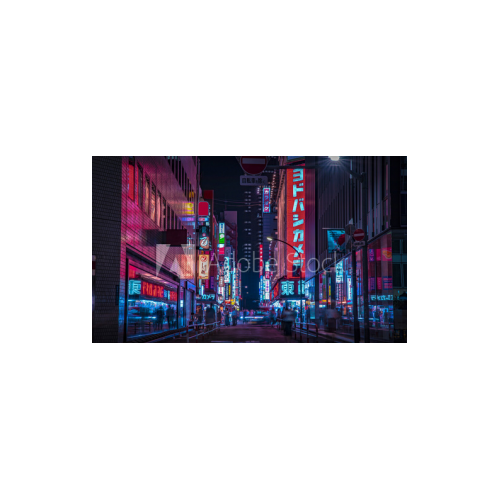 Fototapety Noc neonowej ulicy w centrum miasta w Shinjuku Tokio, szerokie ujęcie