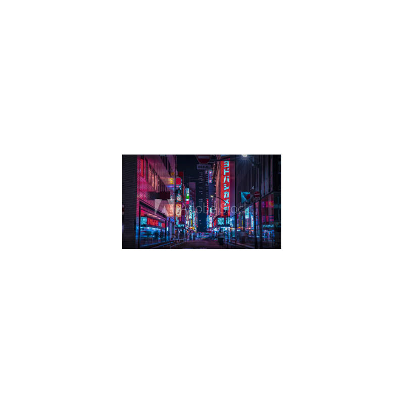 Fototapety Noc neonowej ulicy w centrum miasta w Shinjuku Tokio, szerokie ujęcie