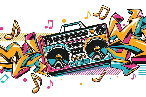 Obrazy Boombox i graffiti – muzyka w stylu retro na wymiar