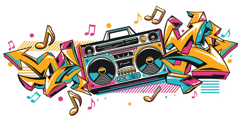Fototapeta Boombox i graffiti – muzyka w stylu retro #wf978