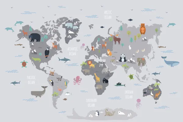 Obrazy Mapa Świata z Dzikimi Zwierzętami Żyjącymi na Różnych Kontynentach i Oceanach. Kreskówka Ssaki, Gady, Ptaki, Ryby na wymiar