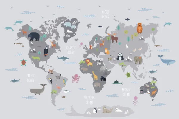 Naklejki na ścianę Mapa Świata z Dzikimi Zwierzętami Żyjącymi na Różnych Kontynentach i Oceanach. Kreskówka Ssaki, Gady, Ptaki, Ryby na wymiar