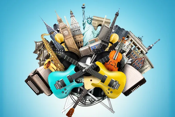 Naklejki na ścianę Muzyczny Kolaż z Instrumentami i Zabytkami Świata na wymiar