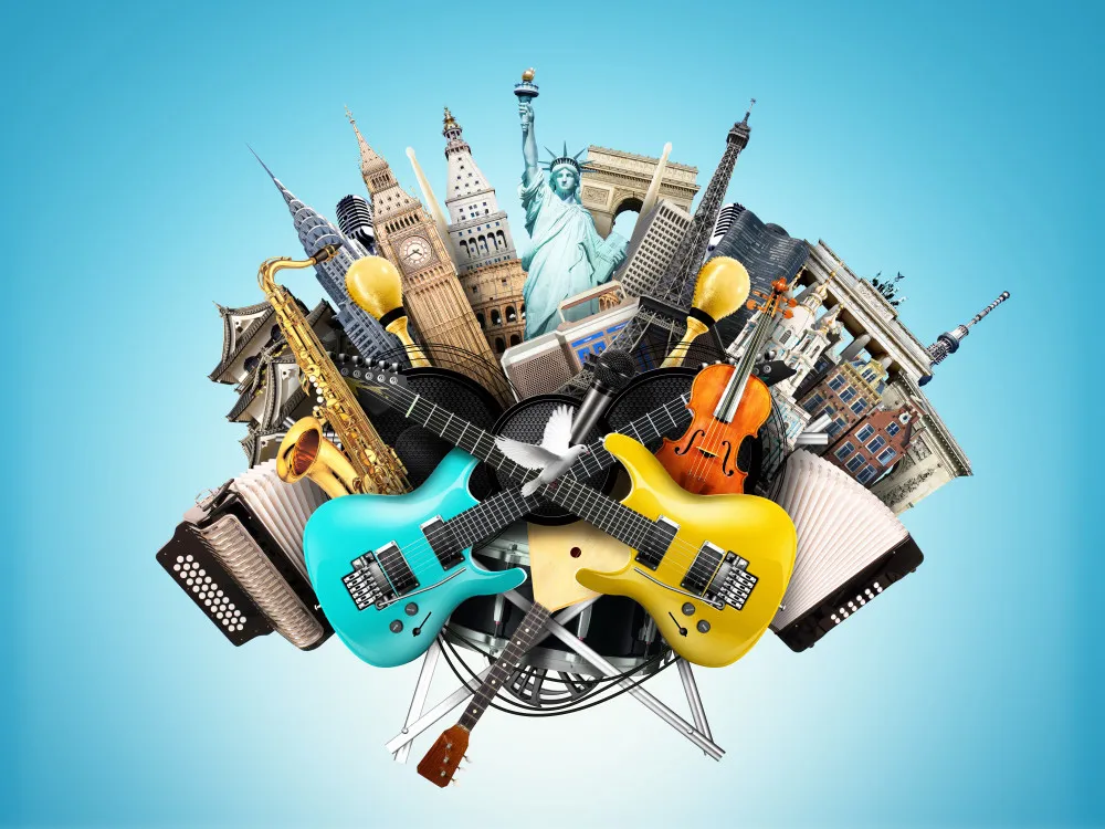 Obraz Muzyczny Kolaż z Instrumentami i Zabytkami Świata #wf828