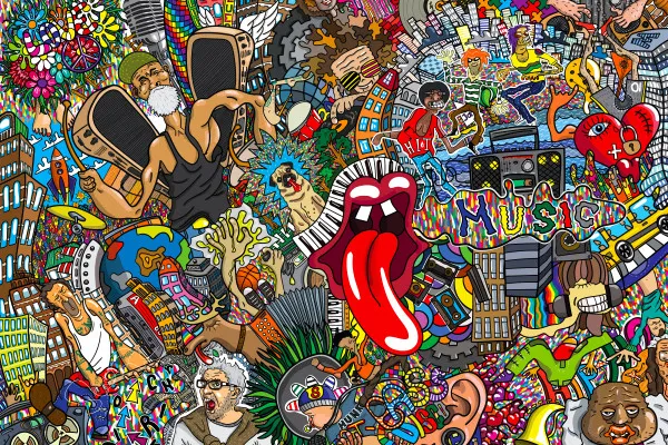 Obrazy Muzyka i graffiti – kolorowy kolaż w miejskim stylu na wymiar