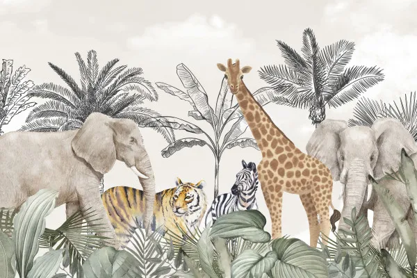 Obrazy Safari vintage – słoń, żyrafa, zebra i tygrys na wymiar