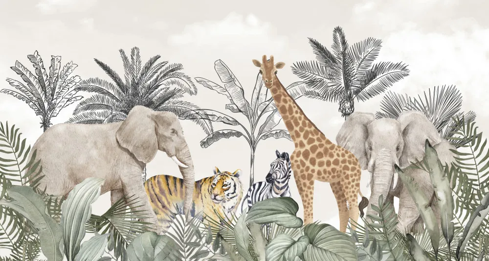 Fototapeta Safari vintage – słoń, żyrafa, zebra i tygrys #wf1018