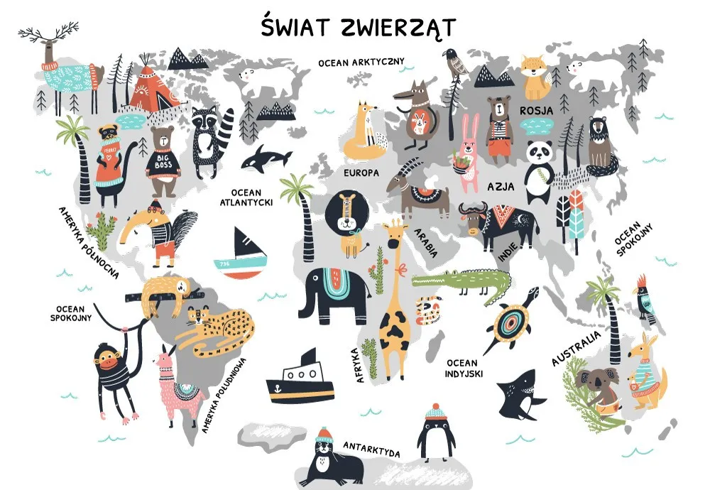 Fototapeta Mapa świata z kolorowymi zwierzętami #wf551