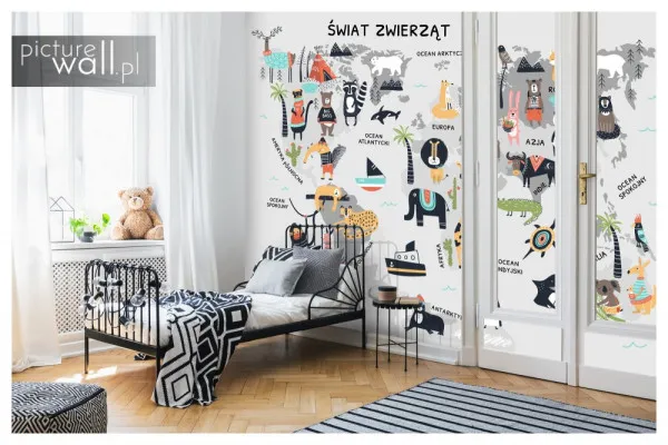 Fototapety Mapa świata z kolorowymi zwierzętami na wymiar