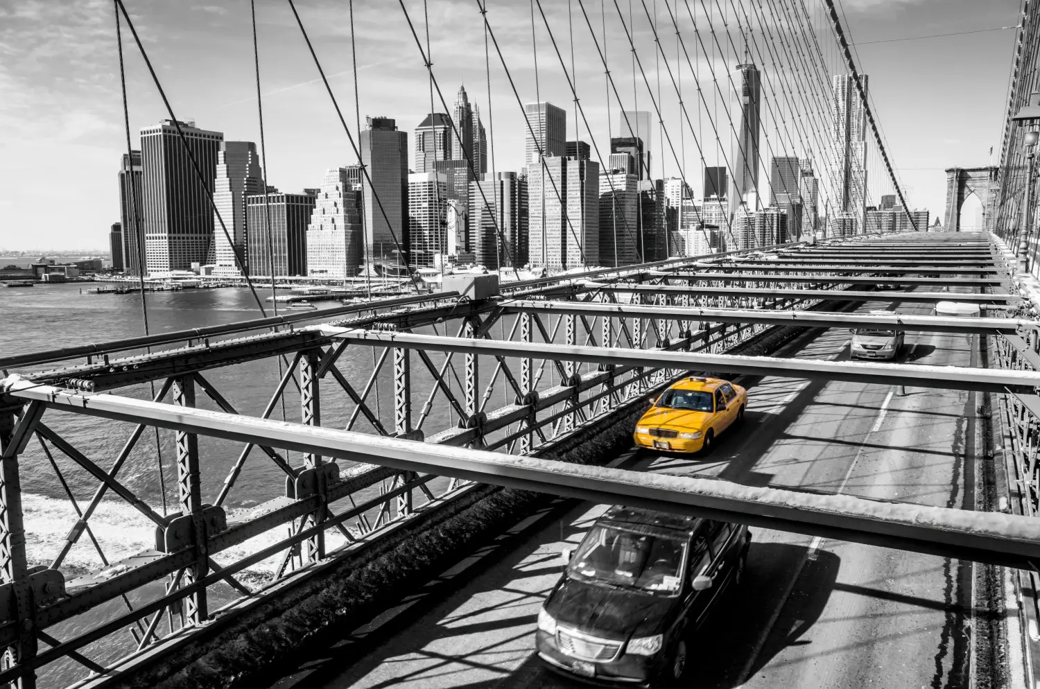 Fototapeta Nowy Jork – Żółta Taksówka na Brooklyn Bridge i Miejski Klimat