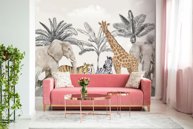 Safari vintage – słoń, żyrafa, zebra i tygrys