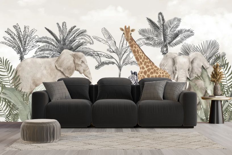 Safari vintage – słoń, żyrafa, zebra i tygrys
