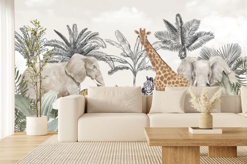 Safari vintage – słoń, żyrafa, zebra i tygrys