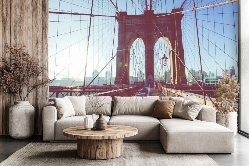 Most brookliński ze szczegółami dźwigarów i kabli pomocniczych, Manhattan, Nowy Jork, USA