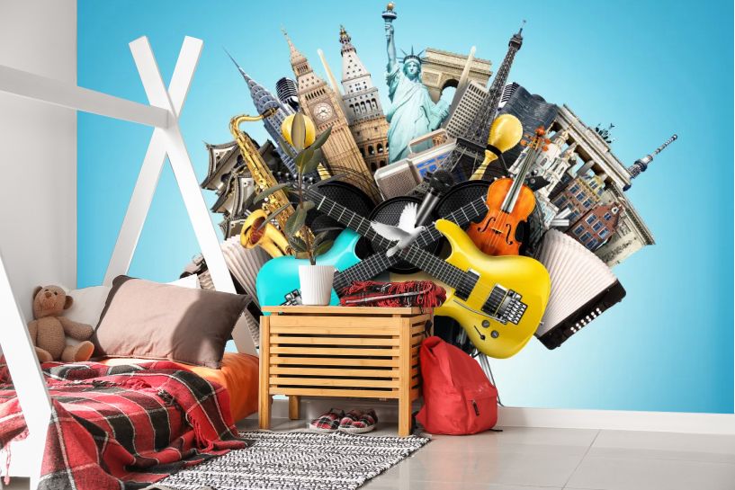 Muzyczny Kolaż z Instrumentami i Zabytkami Świata