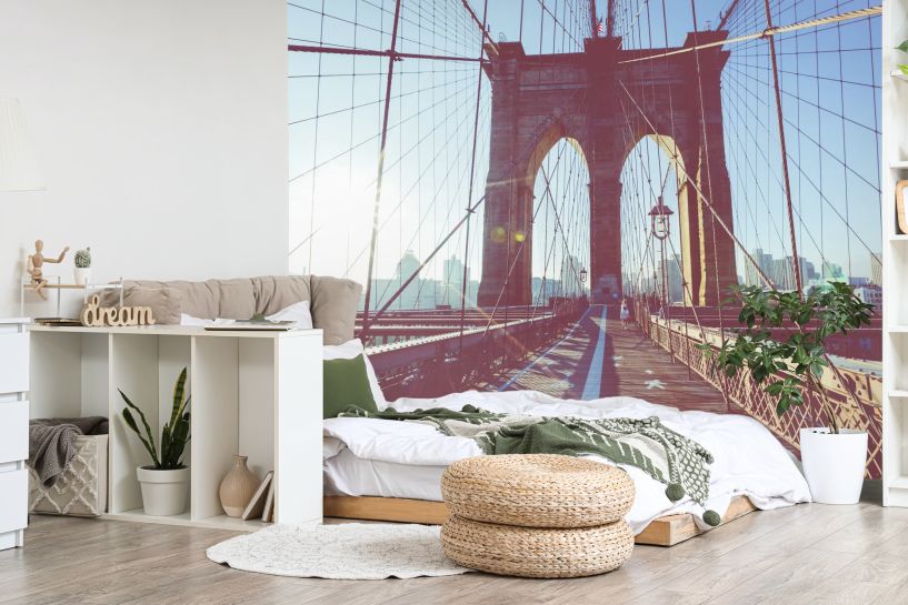 Most brookliński ze szczegółami dźwigarów i kabli pomocniczych, Manhattan, Nowy Jork, USA