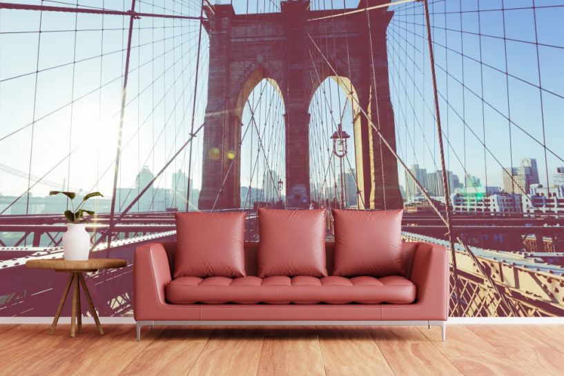 Most brookliński ze szczegółami dźwigarów i kabli pomocniczych, Manhattan, Nowy Jork, USA