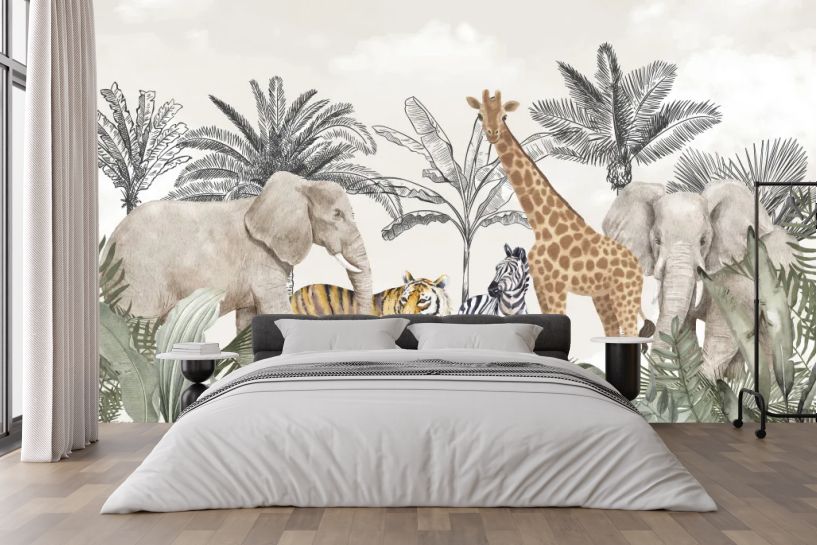 Safari vintage – słoń, żyrafa, zebra i tygrys
