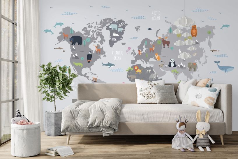 Mapa Świata z Dzikimi Zwierzętami Żyjącymi na Różnych Kontynentach i Oceanach. Kreskówka Ssaki, Gady, Ptaki, Ryby
