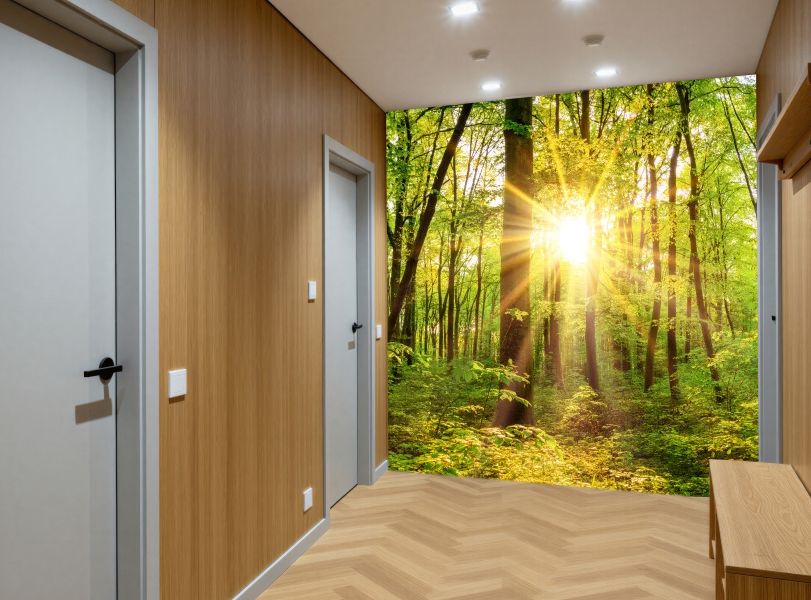 Piękna Leśna Panorama Wiosną ze Słońcem Pomiędzy Drzewami