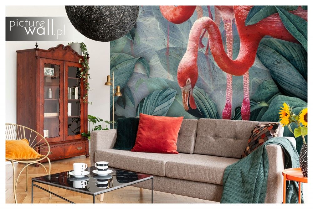 Fototapety samoprzylepne z motywem Flamingi i ciemne liście