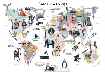 Mapa świata z kolorowymi zwierzętami