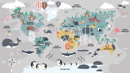 Mapa świata ze zwierzętami balonami i samolotami