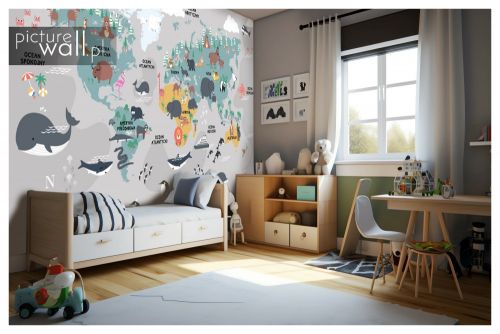 Fototapeta samoprzylepna Mapa świata ze zwierzętami balonami i samolotami